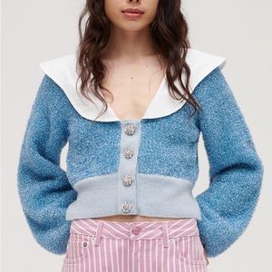 NWT GANNI blue knit poplin collar sparkle cardigan